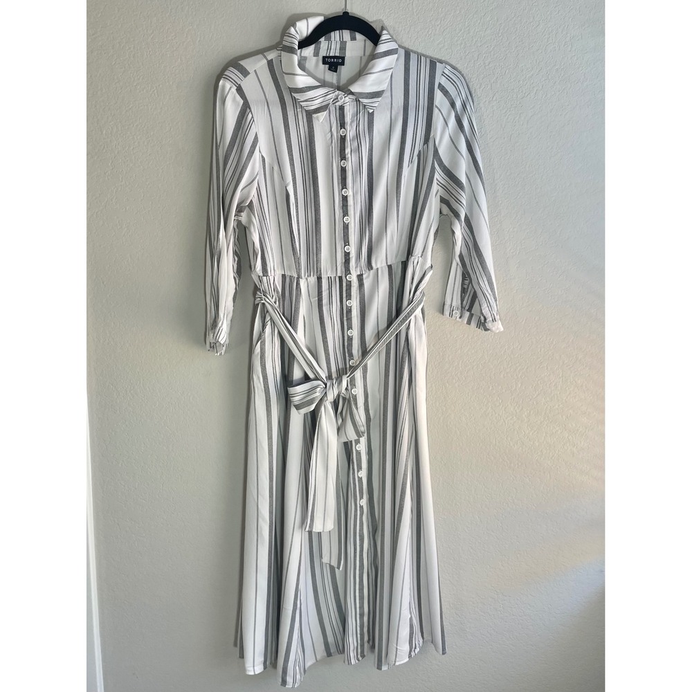 Torrid gray white striped shirt Midi dress button tie belt plus size 0